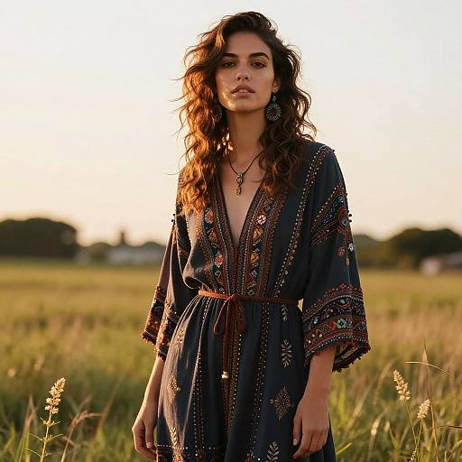 Photograph of a young woman with wavy brown hair, wearing a dark blue, embroidered dress, standing in a sunlit field.