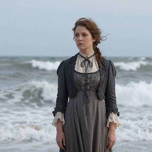 Photograph of a solemn, brown-haired woman in a Victorian-style grey dress with lace cuffs and black ribbon, standing on a windy beach with choppy