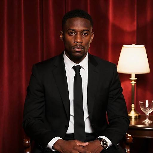 Serious Black Man in Black Suit Sitting Indoors