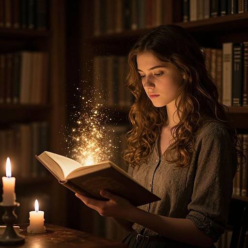 Photograph of a young woman with long brown hair, wearing a grey blouse, reading a glowing, spellbinding book in a dimly lit library,
