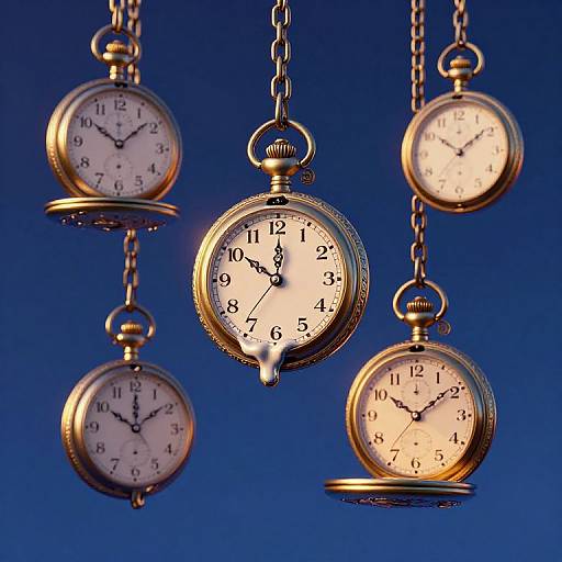 Photograph of five vintage gold pocket watches with black numerals, hanging by chains against a deep blue background, each showing different times.