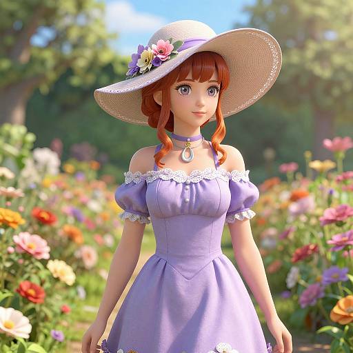 CGI anime-style girl with red hair, wearing a lavender dress, white hat with flowers, and choker, stands in a vibrant garden.