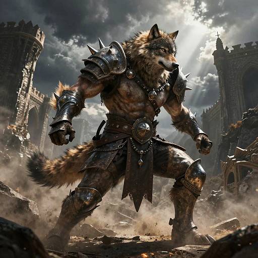 CGI fantasy artwork of a muscular, armored werewolf warrior standing in a ruined, sunlit castle with crumbling stone structures and debris.