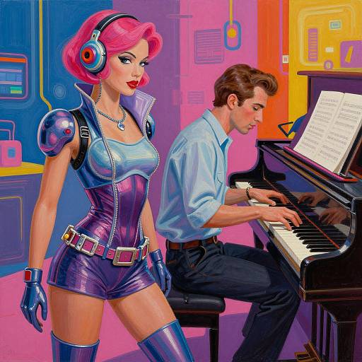 Digital illustration of a pink-haired woman in a shiny purple outfit and blue headphones standing beside a brown-haired man playing a piano. Bright, neon-colored background