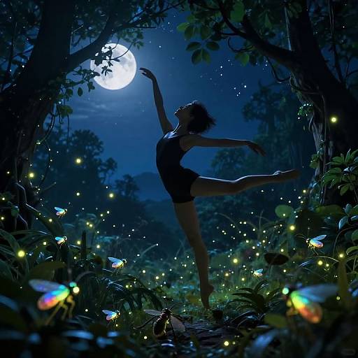 Silhouetted dancer in moonlit forest, wearing a leotard, raises arm and leg gracefully, surrounded by glowing butterflies and fireflies.