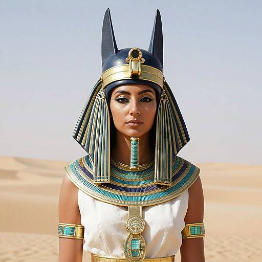 Photograph of a woman with dark skin wearing an Egyptian-style Anubis headpiece, white dress with blue and gold accents, in a desert background