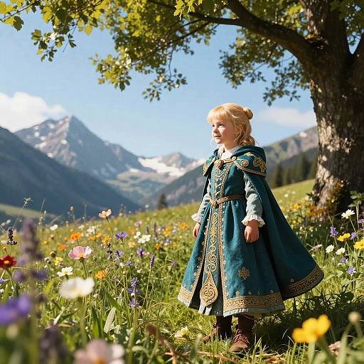 Child in Medieval Dress in Alpine Flower Field