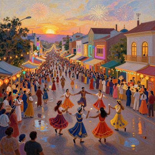 Vibrant street festival at sunset, colorful crowd dancing, fireworks, neon lights on buildings, women in bright skirts, men in suits, wet pavement