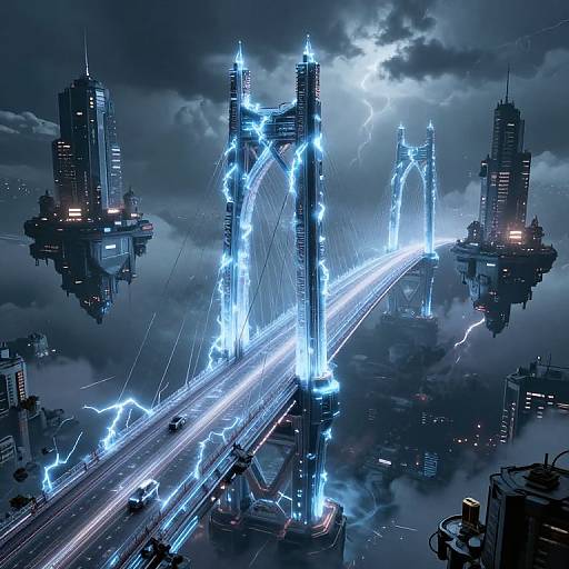 Cyberpunk digital art: A glowing, electrified suspension bridge connects floating skyscrapers amidst a stormy night sky, with lightning illuminating the