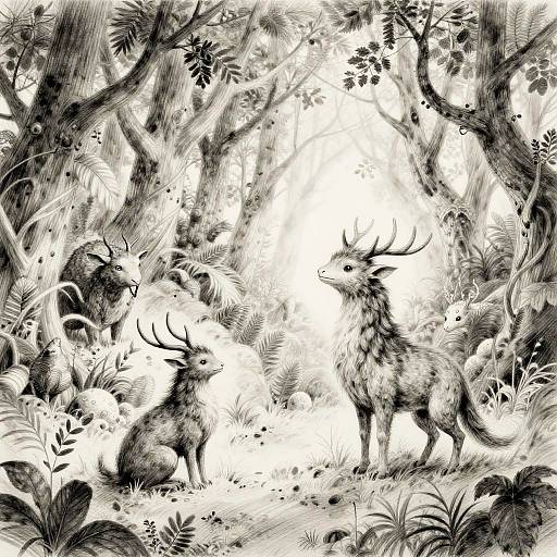 Black-and-white ink drawing of two antlered deer in a dense, detailed forest with intricate foliage, trees, and a bright center.