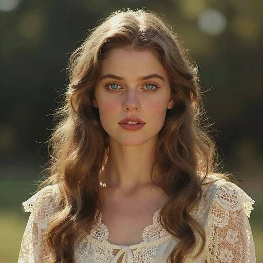 Photograph of a young woman with long, wavy brown hair, blue eyes, and fair skin, wearing a white lace top, standing outdoors with