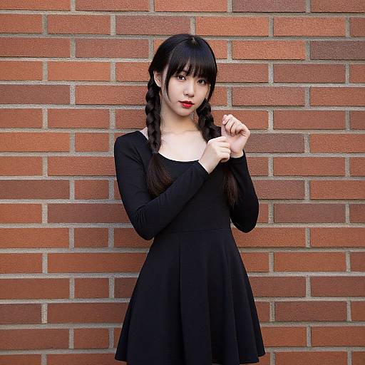 Photograph of a young woman with dark hair in braids, wearing a black long-sleeve dress, standing against a red brick wall.