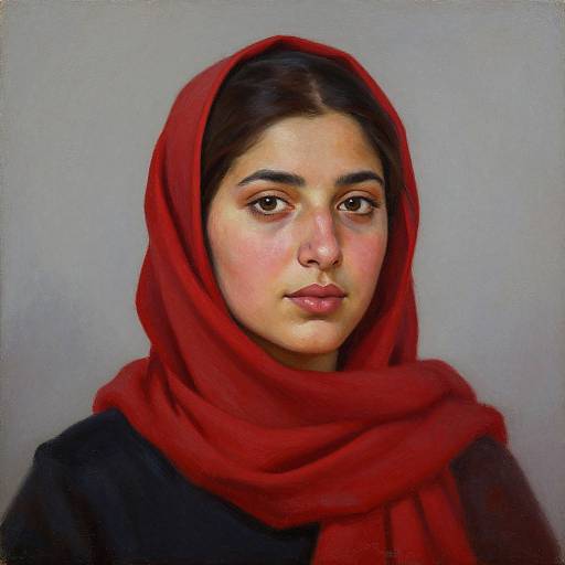 Digital portrait of a young woman with olive skin, dark brown eyes, and full lips, wearing a vibrant red headscarf and black top, set