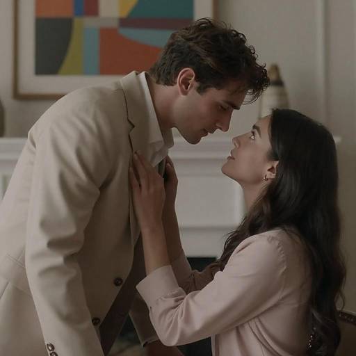 Photograph of a man and woman in a close, intimate pose. Man in beige suit, woman in pink jacket, touching foreheads. Abstract painting