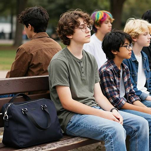 Realistic Boys Sitting on Park Bench