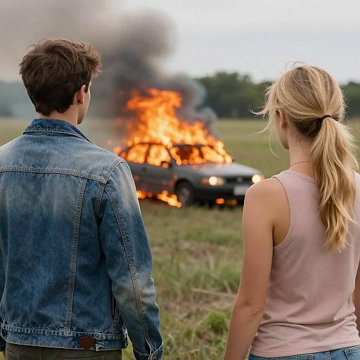 Young Couple Watching Burning Car in Field