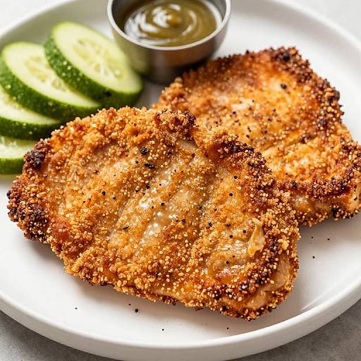 Photograph of crispy, golden-brown breaded fish fillets with textured crust, served on a white plate with sliced cucumbers and a small