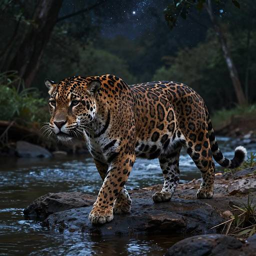 Nighttime Jaguar on Rocky Riverbank