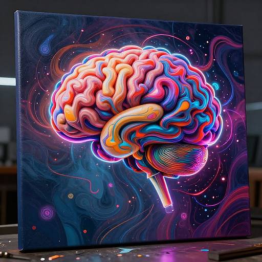 Neon-lit, colorful, digital painting of a brain on a dark, swirling cosmic background, displayed on an easel in a dimly lit