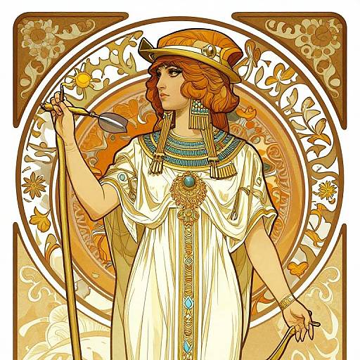 Art Nouveau-style digital illustration of a red-haired woman in a white, ornate dress and golden hat, holding a flute, surrounded by floral patterns