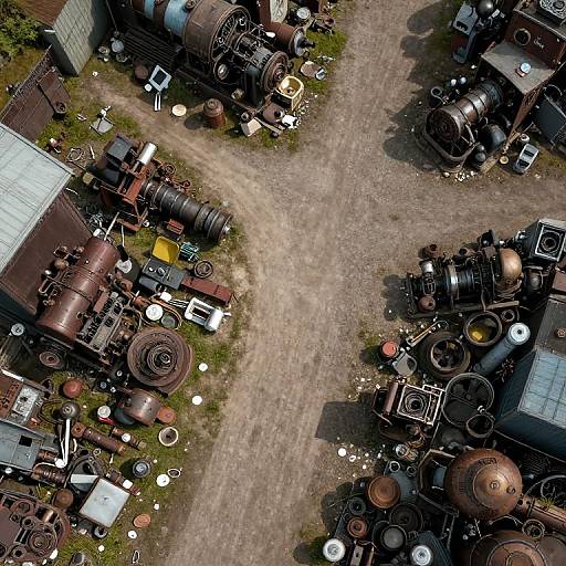 Aerial photograph of a rusty, cluttered industrial yard with old, weathered steam engines, pipes, and various metal parts scattered on gravel.
