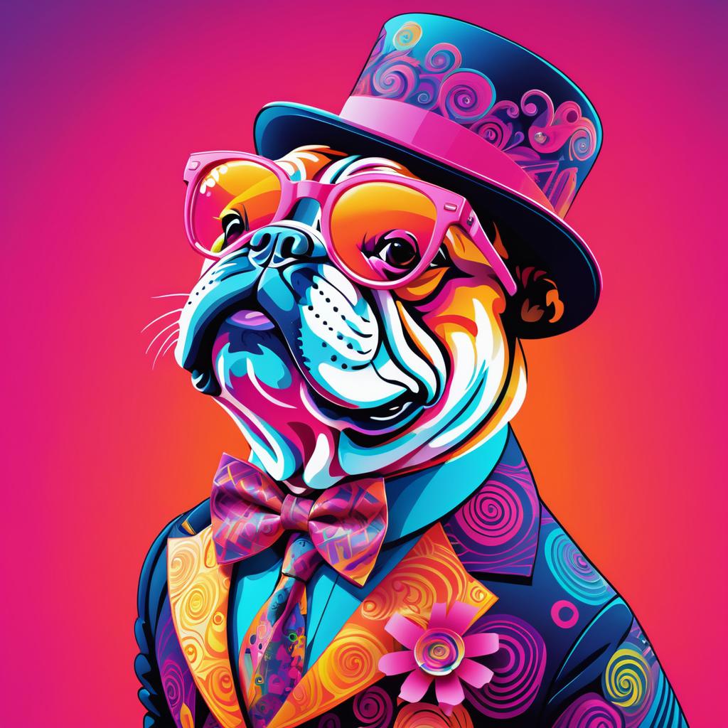 Psychedelic Bulldog in Vibrant Outfit