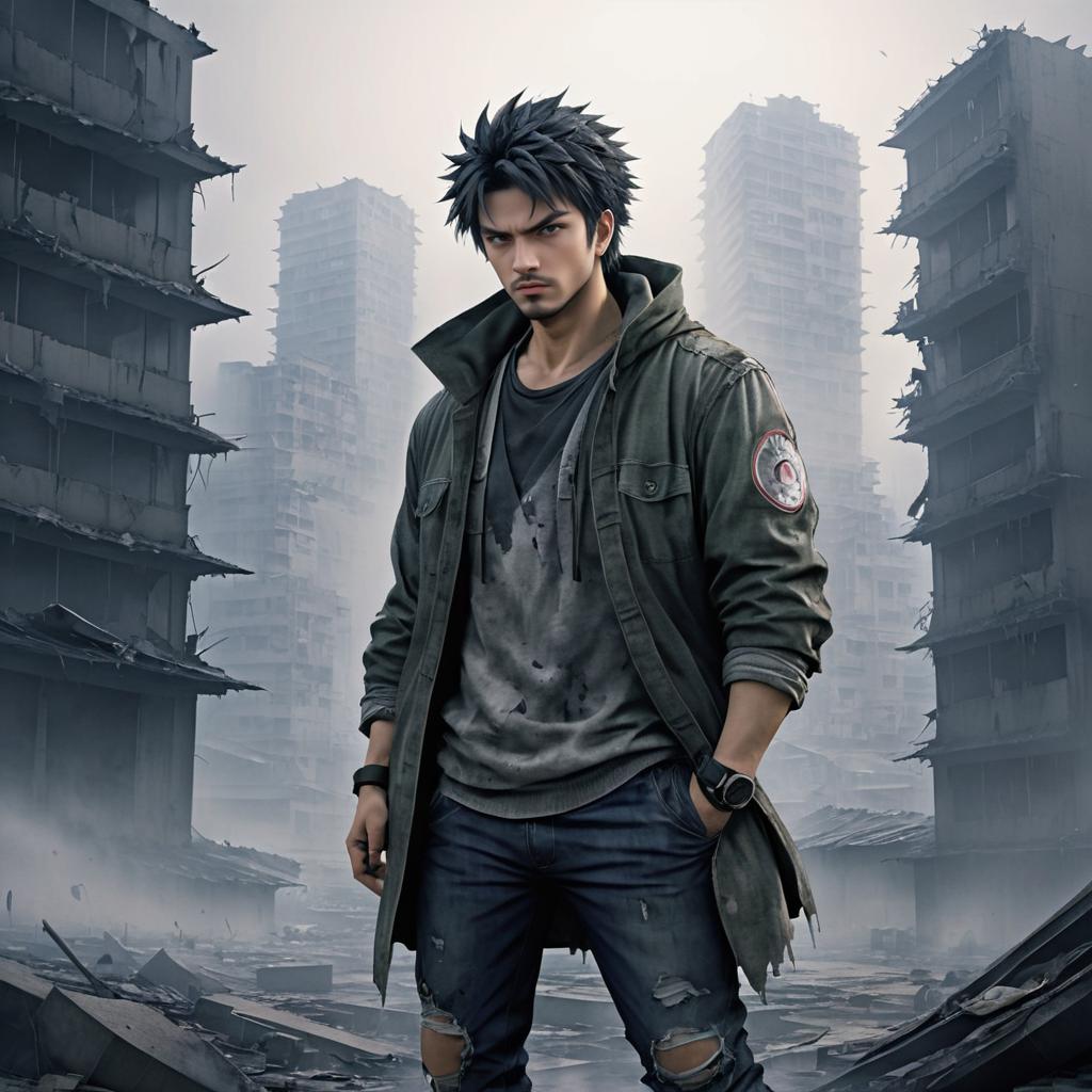 Broken Hero in a Ruined Cityscape