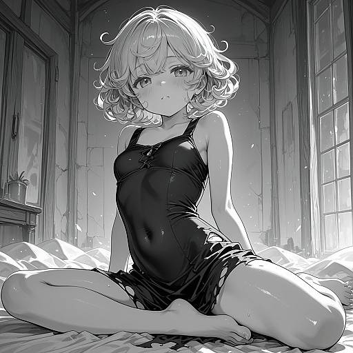Monochrome Anime Girl in Torn Dress