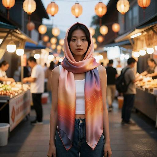Night Market Vendor Wearing Sunset Scarf