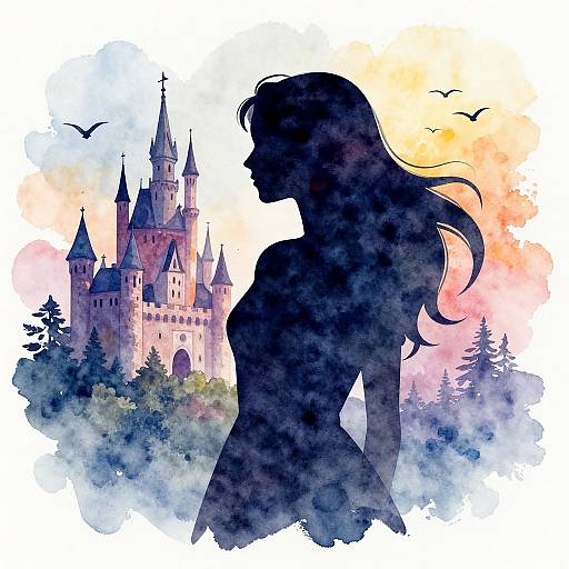 Watercolor silhouette of a woman with long hair facing a fairy-tale castle at sunset, surrounded by trees and birds.