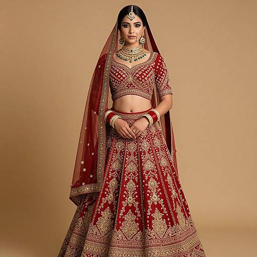 Photograph of a South Asian woman in a red and gold traditional lehenga and dupatta, adorned with intricate embroidery, jewelry, and a bindi