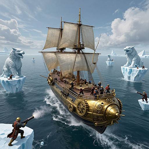 Digital artwork of a gold-hued, vintage ship sailing through icy waters with giant ice sculptures and armed sailors on icebergs.