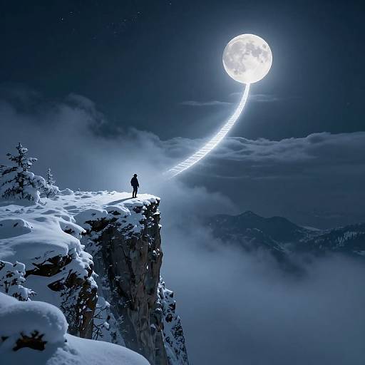 Digital artwork of a lone figure standing on a snowy mountain peak, silhouetted against a bright full moon with a glowing beam connecting them to the