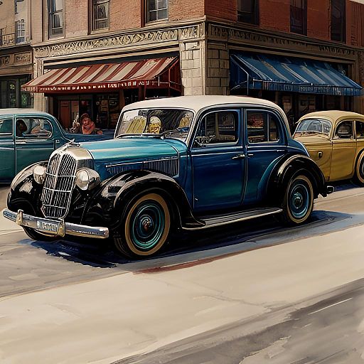 Vintage Car Street Scene in Watercolor