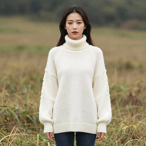 Woman in White Knit Sweater in Field
