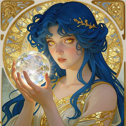 Digital artwork of a blue-haired, golden-eyed woman with a glowing orb, wearing a gold and white ornate dress, against a circular, intricate gold