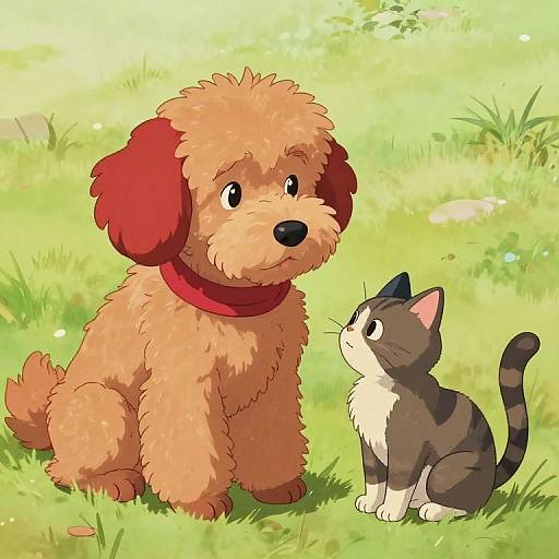 Cartoon Golden Doodle Dog and Tabby Cat Friendship
