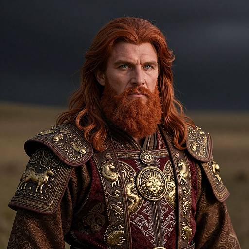 Photograph of a red-haired, bearded man with intense blue eyes, wearing ornate, medieval-style armor with intricate gold embroidery, set against a