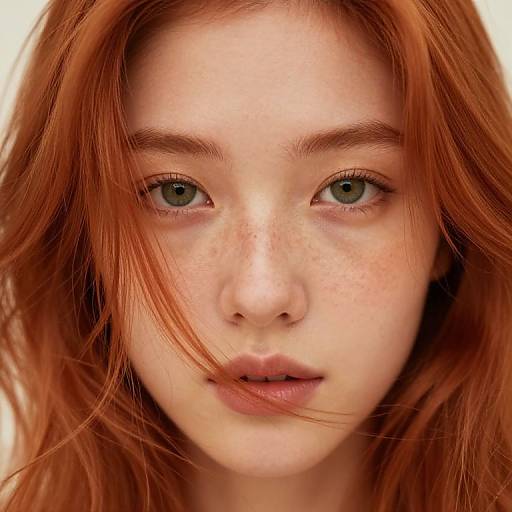 Close-up photograph of a fair-skinned, red-haired young woman with green eyes, light freckles, and slightly parted lips, with her hair