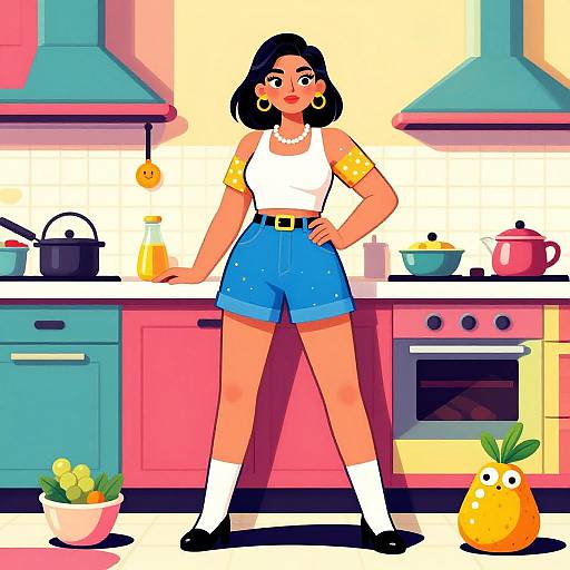 Digital illustration of a curvy woman with tan skin, black bob haircut, in a white tank top, yellow sleeves, blue shorts, white socks,