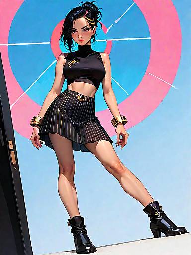 Stylish Woman in Black Crop Top and Striped Skirt