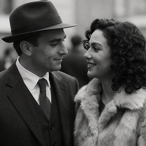 Black-and-white Portrait of Man and Woman in Vintage Attire
