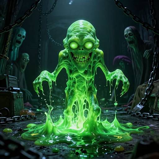 Photorealistic CGI of a glowing green, slime-like skeleton with menacing, hollow eyes and sharp teeth, dripping in a dark, chained dungeon surrounded by