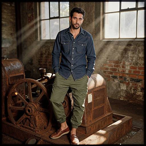 Photograph of a bearded man with dark hair, wearing a blue denim shirt, green cargo pants, and brown loafers, standing in a sun