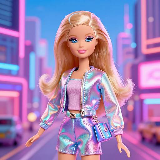 Digital photograph of a blonde Barbie doll with blue eyes, wearing a metallic silver jacket, shorts, and a small purse, standing in a vibrant, neon