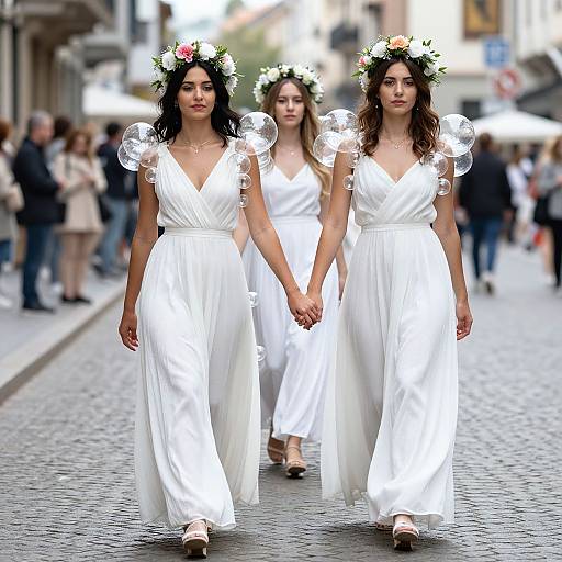Photograph of three women in white flowy dresses and flower crowns, with translucent bubble-like shoulder adornments, walking hand-in-hand on a cob