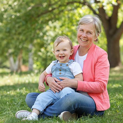 Photograph of a smiling gray-haired older woman in a pink jacket, sitting on grass, holding a happy toddler in denim overalls. Sunlit park