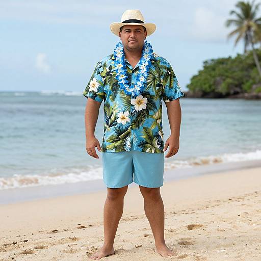 Photograph of a tan-skinned man in a Hawaiian shirt, blue shorts, flower lei, straw hat, standing on a sandy beach with ocean and