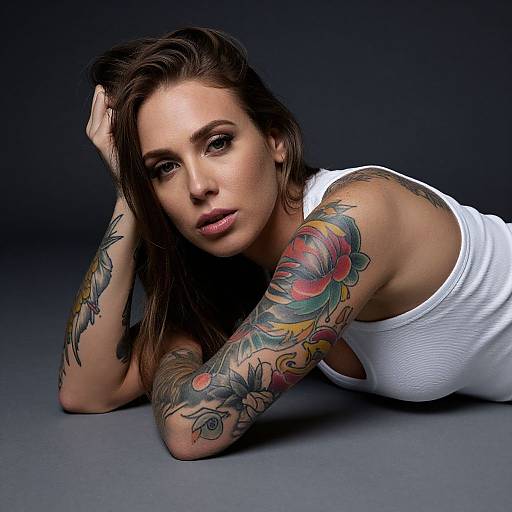 Tattooed Woman Reclining in White Tank