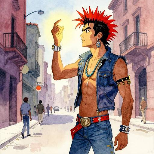 Digital anime-style drawing of a muscular, shirtless man with red spiked hair, denim vest, and jewelry, smoking in a sunlit, narrow city